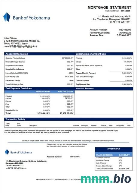 Japonia Bank of Yokohama wyciąg z kredytu hipotecznego szablon Word i PDF